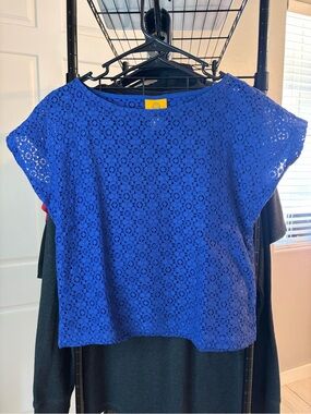 Ruby Rd. Cobalt Lace Crochet Short Sleeve Top